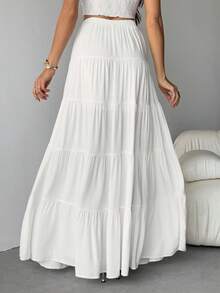 SHEIN Tall 女士春夏新品纯米色亚麻长款A字裙，优雅休闲波西米亚风长裙，适合秋冬聚会、约会 - 白色 - 查看 2