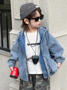 DAZY 幼儿男童宽松休闲连帽牛仔夹克和外套，街头酷炫风格，秋季 - 藍色 - 查看 4