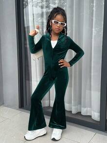 SHEIN 青少年女孩秋冬休闲时尚百搭针织天鹅绒连帽拉链后钻修身喇叭裤，周末休闲外出，节日派对，圣诞节 - 墨綠色 - 查看 2