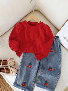Young Girls T-Shirt Set, Knit Jacquard Top Paired With Straight Leg Jeans, Cherry Embroidery, Casual, Minimalist, Fashion Style, Suitable For Outings, Autumn/Winter Season - Red - View 2