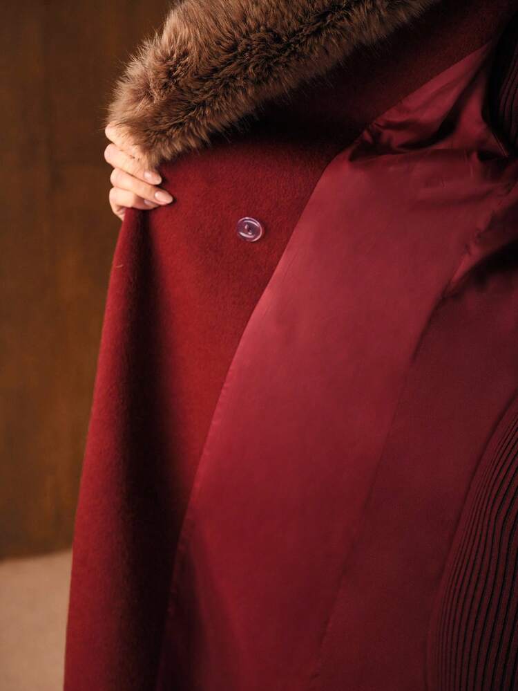 WOOL COLLAR WAIST CINCHED LONG ELEGANT OVERCOAT, AUTUMN/WINTER, CHRISTMAS , RED , NEW YEAR COAT