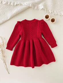 Cozy Pixies 女婴圣诞节纯色圆领荷叶边下摆长袖腰部修身针织毛衣裙秋冬装女士