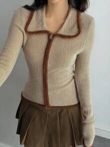 DAZY 女士宽松商务休闲时尚街头优雅撞色拼接开衫毛衣，适合秋冬季 - 灰色 - 查看 3