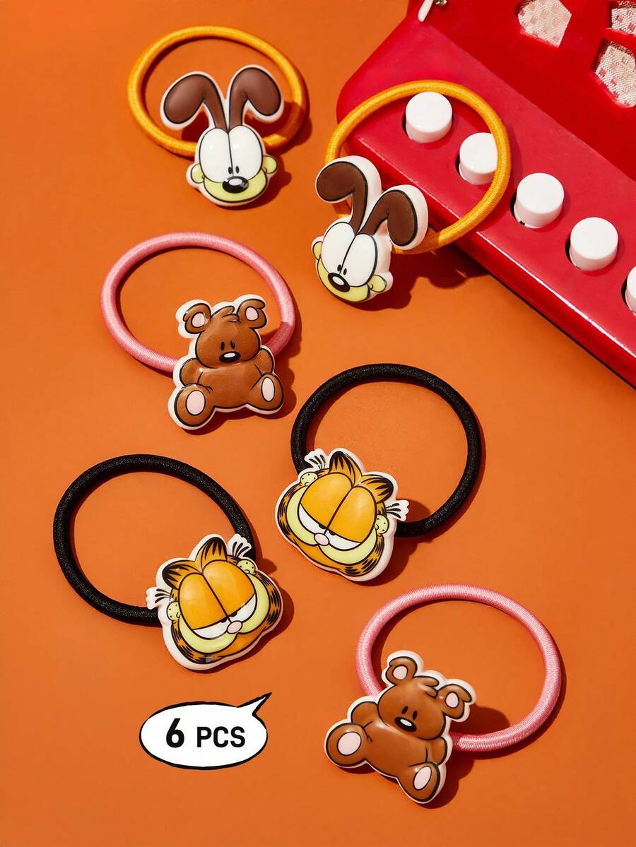 GARFIELD | SHEIN 6 chiếc dây buộc tóc hình mèo, cún con và gấu hoạt hình 3D dễ thương, dây chun co giãn, thích hợp để buộc tóc đuôi ngựa. - Nhiều màu - Xem 1