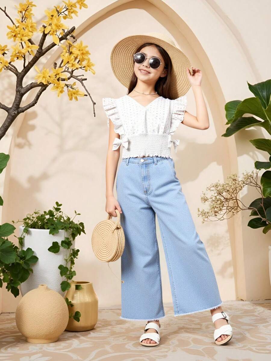 青少年女孩蝴蝶袖子帶褶裥和蝴蝶結側邊花邊襯衫