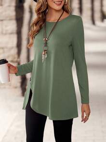 EMERY ROSE Women's Casual Solid Color Round Neck Long Sleeve T-Shirt - Army Green - View 4