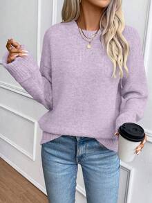 EMERY ROSE 女式紫色宽松落肩圆领罗纹袖口套头衫 - 紫色 - 查看 4