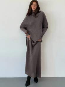 Aloruh 紫色针织两件套 新款冬季加厚女式毛衣裙宽松两件套 - 咖啡棕 - 查看 6