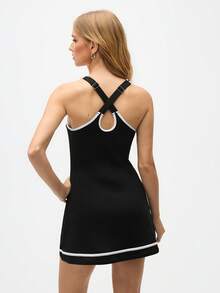 Eassivo Eassivo Women's Black Athletic Tennis Dress ,Sleeveless Fit And Flare Skater Dress With Contrast Trim, Adjustable Cross Back Straps, Casual Sports Activewear Outfit For Women, Black Tennis Dress, Sporty Dress, Activewear Dress, Athleisure Dress - Black - View 3