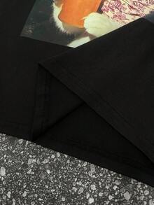 INAWLY 女式超大可爱复古猫和流星印花 T 恤，男女通用趣味愚蠢图案 T 恤，休闲美式街头服饰，简约生日女孩海滩度假热带乡村圆领短袖上衣 - 黑色 - 查看 5