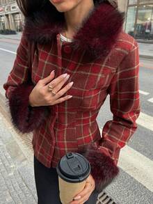 Aloruh 女式圣诞格纹印花修身仿皮草拼布夹克，女式秋冬外套 - 彩色 - 查看 9