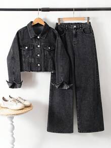 SHEIN 2pcs/Set Teen GirlGray Denim Lapel Short Jacket And Loose Fit Pants,Fall Clothes,Winter Clothing ,Casual And Fashionable Vacation Outfits,Streetwear,2000s Style ,Halloween Denim Jeans ,Christmas - Grey - View 1