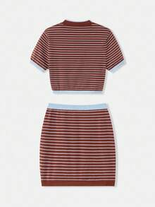 SHEIN Unity Women's Autumn Knitted Two Pieces Set,Camel Blue And White Stripe Contrast Embroidery Round Neck Short Sleeve Casual School Back-To-School Y2K Retro - Multicolor - View 3
