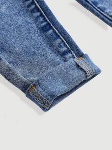 SHEIN Baby Girl Cute Blue Denim Thermal Lined Elastic Skinny Pants,Fall,Winter, Casual And Fashionable Vacation,Halloween Denim Jeans, Christmas, Baby Elastic And Comfortable Denim Jeans - Medium Wash - View 8