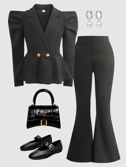 SHEIN Set sacou și pantaloni cu mânecă Gigot pentru fete preadolescente, ținută formală pentru evenimente de Crăciun