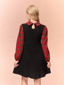 少女休闲针织拉绒罗纹格子拼布高领长袖紧身迷你连衣裙，优雅适合外出和聚会，适合娇小女性 - 黑色 - 查看 2