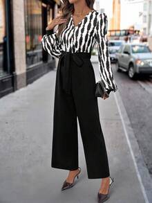 SHEIN Clasi 女式V领条纹长袖阔腿优雅连体裤 - 黑色 - 查看 12