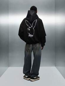 PLAYBOY X SUMWON Oversized Pullover Hoodie With Drawstring Hood And Centre Pocket Casual Streetwear Sweatshirt - Black - View 1