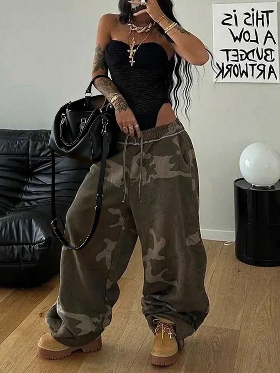 INAWLY Women's Retro Casual High Waist Loose Drawstring Waist Wide Leg Sweatpants - Multicolor - View 1