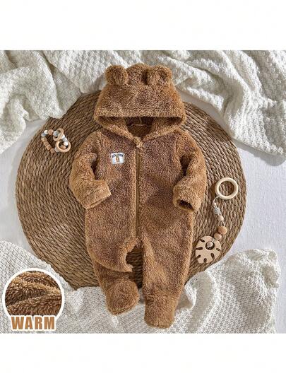 Loomiva 新生儿可爱3D立体小熊耳朵图案连体衣，带脚套，加厚珊瑚绒保暖舒适百搭连体衣