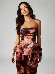 MISSGUIDED Strapless Peplum Corset Top And Wide Leg Balloon Pants Coord Set Fall Winter Abstract Print - Brown - View 3