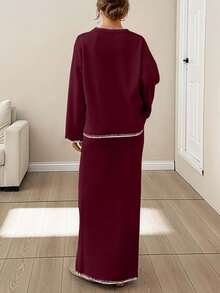 EURMUSE Women Stitch Detailed Round Neck Drop Shoulder Pullover & Sweater Skirt Set - Burgundy - View 2