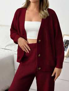 EURMUSE Damen Zweiteiler aus lässigem und elegantem, niedlichem Cardigan und Sweathose, Alltagsmode, Herbst, Winter - Bordeaux - Übersicht 5