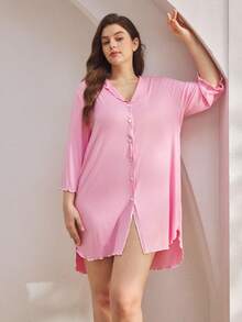 Ocili Plus Size Ribbed Comfortable Ruffle Collar Shell Button Nightgown, Fall & Winter, Cozy Outfit - Pink - View 6