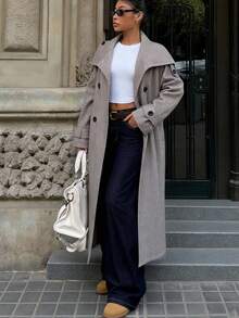 Muchica 1件女士时尚双排扣浅灰色梭织大衣 - 淺灰色 - 查看 1