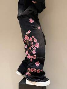 STEELVANCE 男士街头时尚梅花刺绣水洗阔腿牛仔裤，垃圾摇滚 - 黑色 - 查看 6