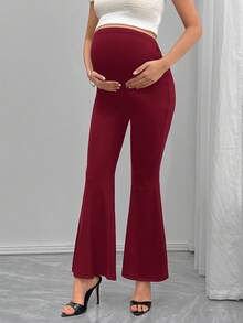 SHEIN 孕妇高腰时尚裤，带腹部支撑，喇叭腿 - 酒紅色 - 查看 4