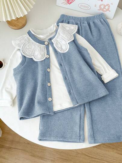 Genkimix Kids 3 件套 Genkimix 女童荷叶边领纯色上衣 + 碎花领装饰休闲纽扣背心 + 纯色直筒裤