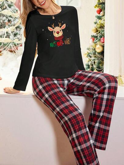 SHEIN 2 件圣诞可爱鹿印花长袖上衣和裤子格子睡衣套装圣诞睡衣女式黑色睡衣套装女士睡衣套装女士圣诞睡衣套装女士冬秋服装