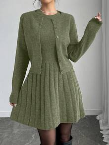 Elenzga Conjunto de 2 piezas de mujer con cárdigan de botones de unicolor elegante y vestido de suéter para otoño/invierno - Verde - Ver 3