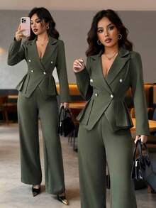 Elenzga Áo khoác blazer dáng ôm tay dài màu xanh quân đội thanh lịch dành cho nữ, ve vai màu xanh lá cây, cài nút kim loại, viền bất đối xứng, xếp nếp + Quần ống đứng dáng ôm thiết kế túi màu xanh quân đội thanh lịch dành cho nữ, Xuân/Thu - xanh quân đội - Xem 1