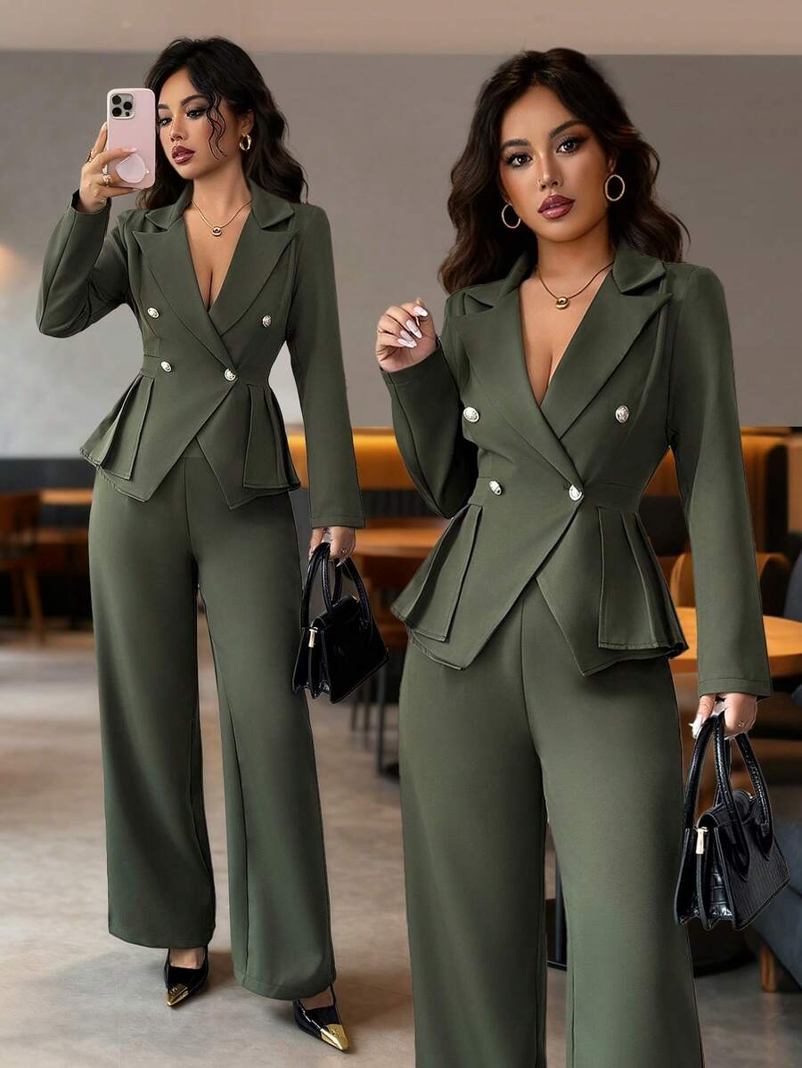 Elenzga Áo khoác blazer dáng ôm tay dài màu xanh quân đội thanh lịch dành cho nữ, ve vai màu xanh lá cây, cài nút kim loại, viền bất đối xứng, xếp nếp + Quần ống đứng dáng ôm thiết kế túi màu xanh quân đội thanh lịch dành cho nữ, Xuân/Thu - xanh quân đội - Xem 1
