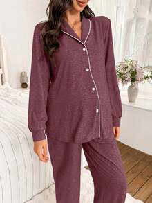 SHEIN Moonlight & Mama Women's Contrast Trim Collar Long Sleeve Top & Pants Loose 2 Piece Comfy Pajamas Set, Winter