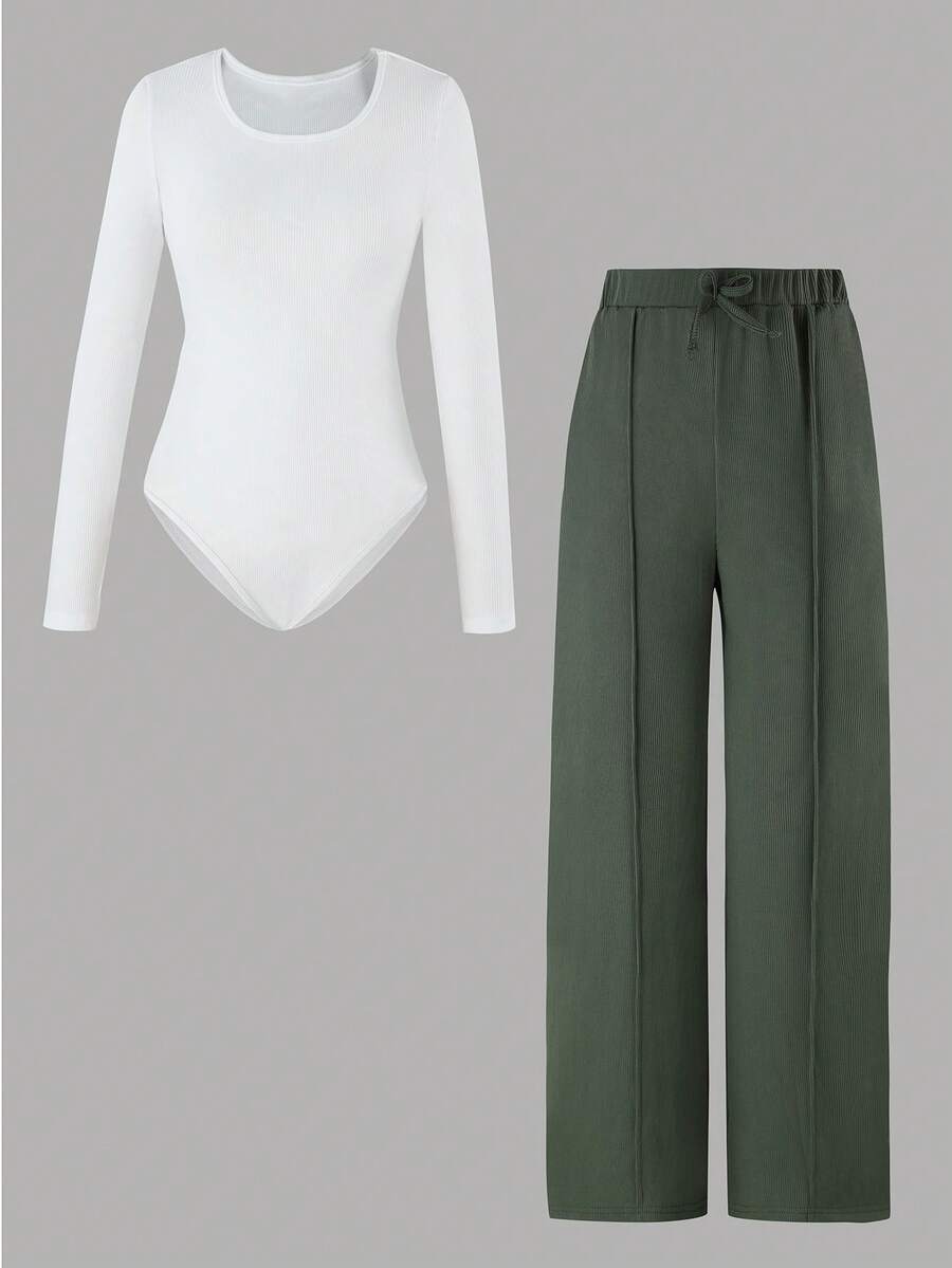 Set de 2 piezas: Top body de unicolor + Pantalones de pierna ancha para niñas preadolescentes, otoño e invierno - Multicolor - Ver 1