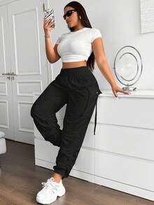 Vibekara 大码休闲纯色口袋褶皱工装裤