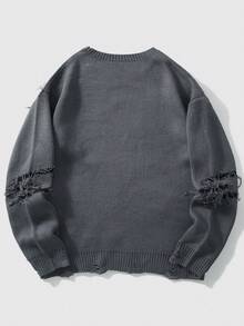 Manfinity EMRG 全新秋冬博主时尚做旧提花图案男士套头毛衣 - 深灰色 - 查看 2