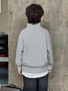 DAZY Áo len dài tay cổ bẻ vai trễ vai màu trơn cho bé trai tuổi mới lớn, thu/đông - Xám - Xem 4