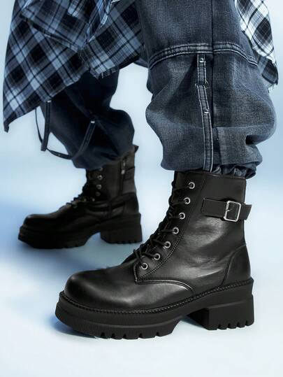 Sugerpunk Women's Dark Punk Gothic Lace-Up Bat Motorcycle Boots, Platform Thick Sole Riding Boots, Soft Leather Ankle Boots And Short Boots