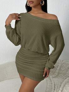 SHEIN SXY Women's Solid Color Off-Shoulder Dropped Shoulder Long Sleeve Ruched Fitted Mini Dress Ribbed Dress Off The Shoulder Long Sleeve Off Shoulder Dress Comfortable Dress Olive Dress Comfortable Two Piece Set One Piece Dress
