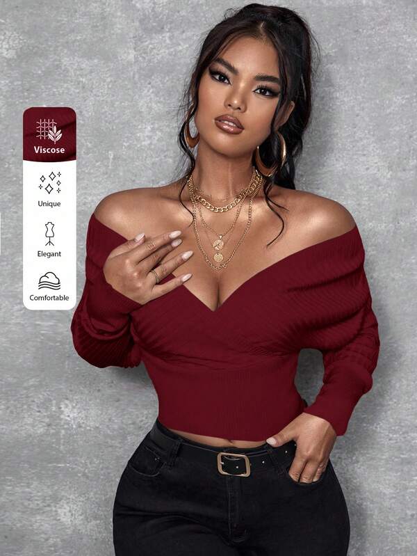 SHEIN SXY Women's Solid Color Off-Shoulder Long Sleeve Fitted Fashionable Sweater, Autumn/Winter Off The Shoulder Long Sleeve Bodysuits For Women Long Sleeve Cleavage Top Tops For Women Sexy