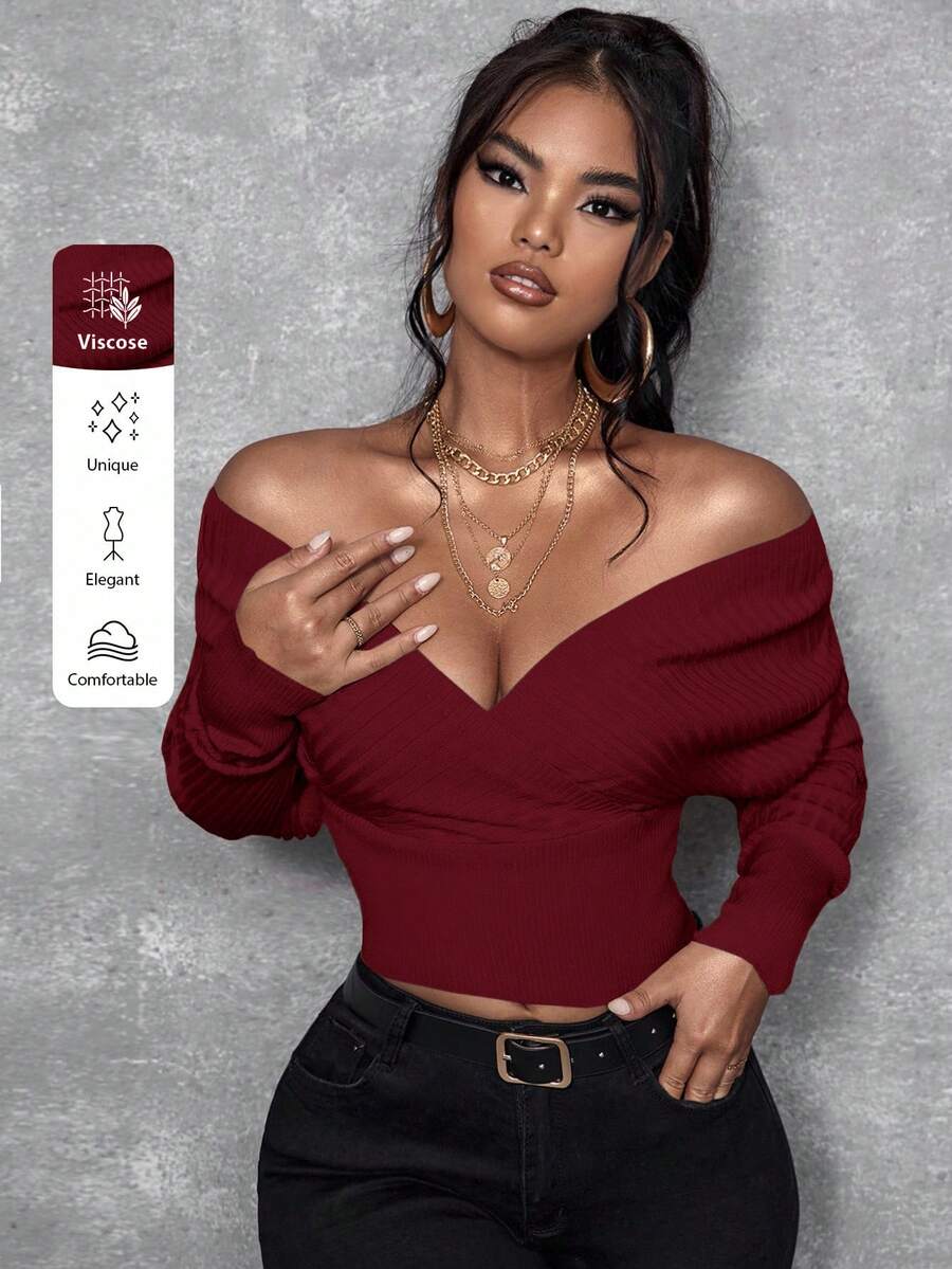 SHEIN SXY Women's Solid Color Off-Shoulder Long Sleeve Fitted Fashionable Sweater, Autumn/Winter Off The Shoulder Long Sleeve Bodysuits For Women Long Sleeve Cleavage Top Tops For Women Sexy,Christmas Sweater Women,Red Top,Christmas Sweater