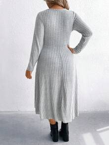 EMERY ROSE Plus Size Women's Grey Everyday Autumn Smart Casual Knit Ribbed Crew Neck Button Decor Dress,Front Short Back Long Elegant Thanksgiving Party Commute - Grey - View 2