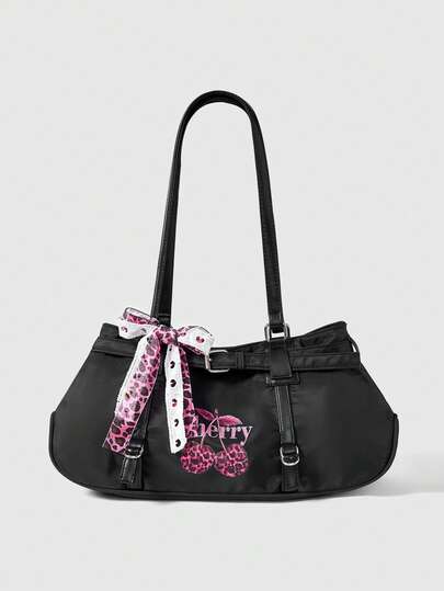Kawaii Bolso de hombro grande y versátil con lazo y estampado de cerezas, de estilo retro Y2K, para uso diario