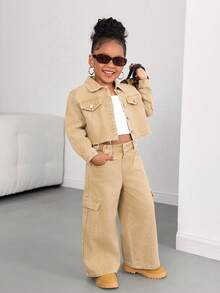 2pcs/Set Young Girl Khaki Denim Lapel Long Sleeve Jacket And Loose Pants,Fall Clothes,Winter Clothing ,Casual And Fashionable Vacation Outfits,2000s Style ,Halloween Denim Jeans ,Christmas - Khaki - View 3