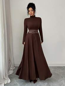 SHEIN Elenzya Váy dệt kim dài màu trơn sang trọng dành cho nữ, thiết kế cổ cao một nửa, ôm vừa vặn, trang trí thắt lưng thon gọn, váy thanh lịch cổ điển, phù hợp mặc hàng ngày, hẹn hò, ăn tối, cặp đôi, lớp trong thu đông, lớp ngoài xuân - màu nâu - Xem 5