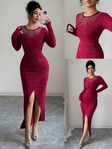 Rafferiza Burgundy Autumn Elegant Dining Women Red Dress, Party Hot Brick Pleats Waist Hem Slit Hip Wrap Shiny Long Christmas New Year Dress For Ladies - Red - View 1